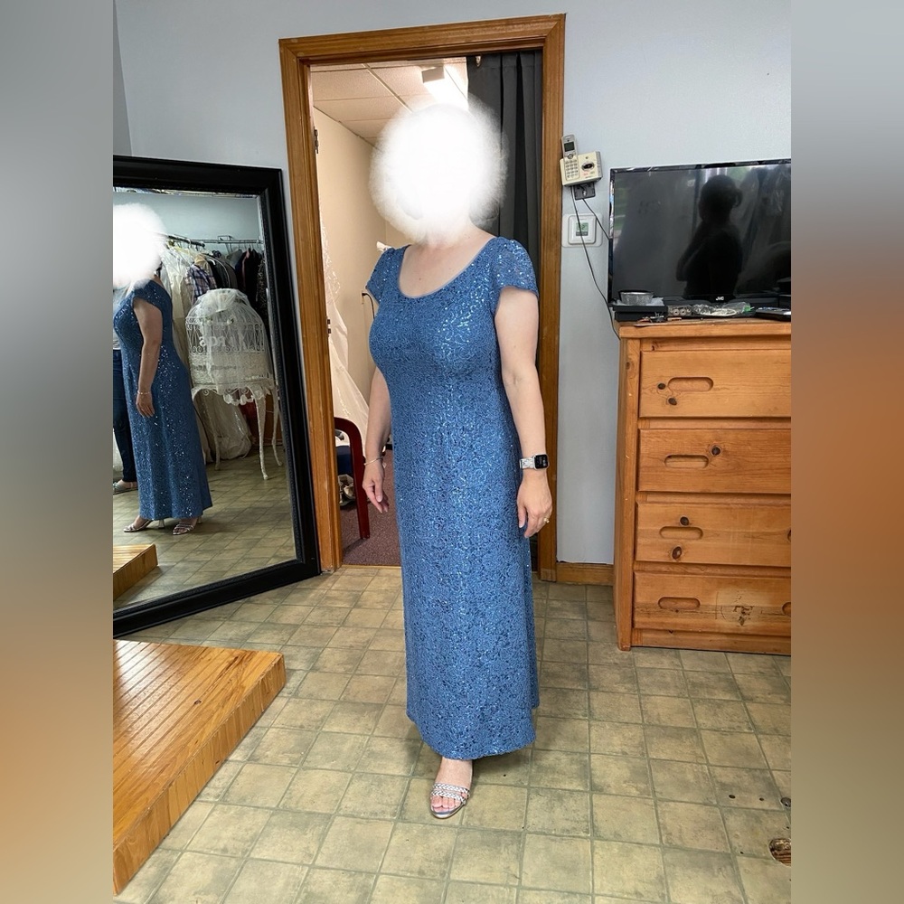 David’s Bridal Short Sleeve Lace Sequin Gown - Steel Blue